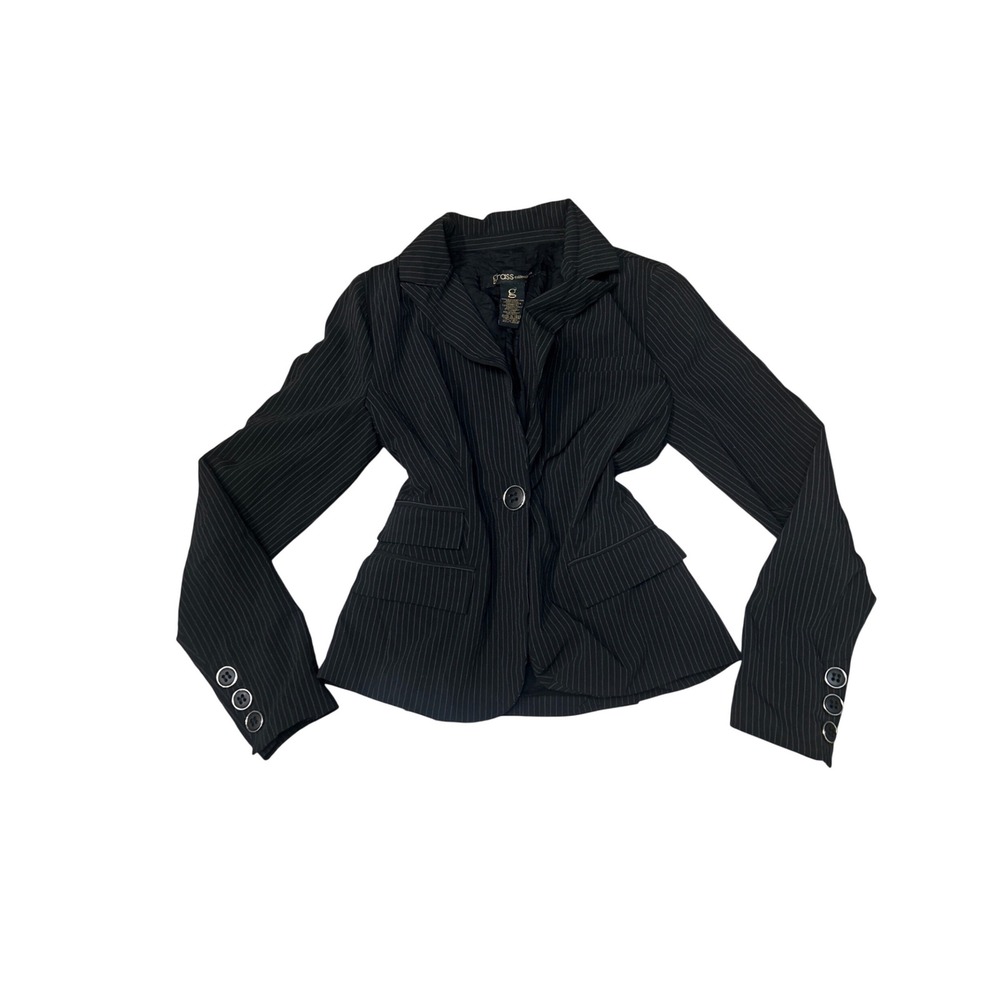 Grass‎ Collection Women Black Pinstripe Blazer Jacket Button Front Office Career